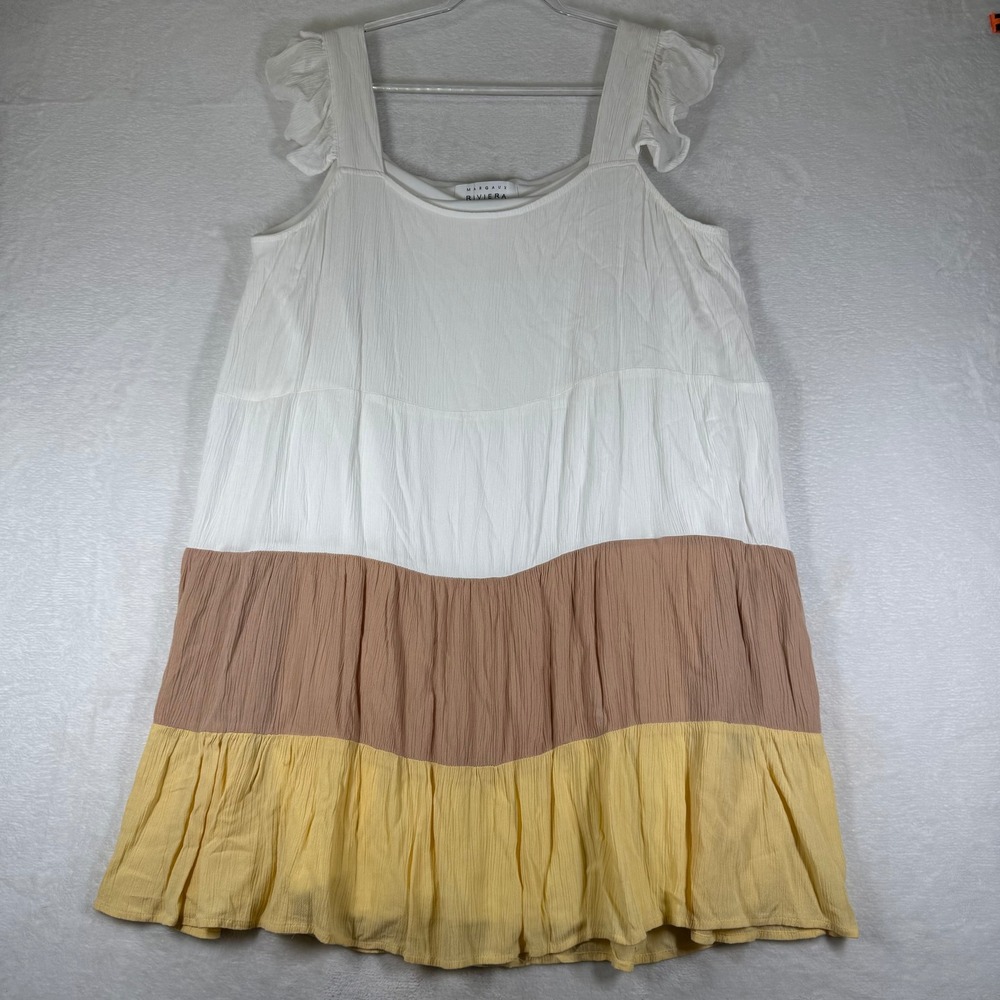 Margaux Riviera Colorblock Tiered Ruffle Mini Dress White Tan Yellow Large